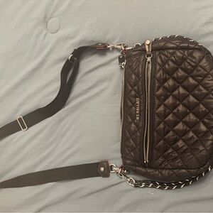 MZ WALLACE Black Quilted Nylon Crossbody with Chain-Trim Strap